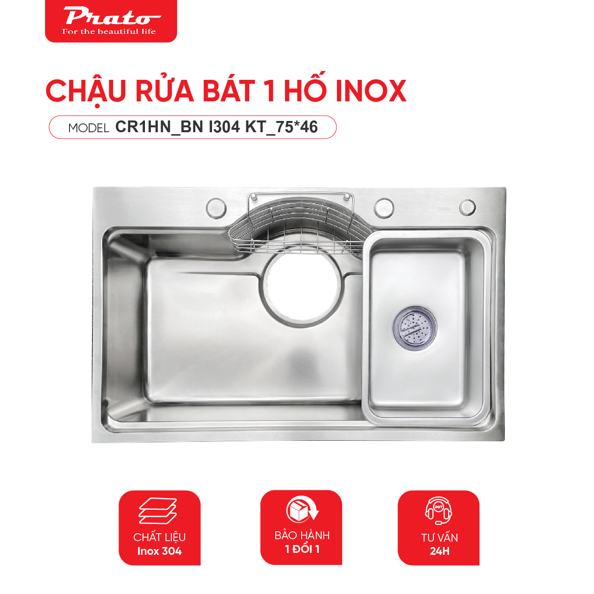 Chậu rửa bát Prato 1 hố INOX NANO KT_75*46